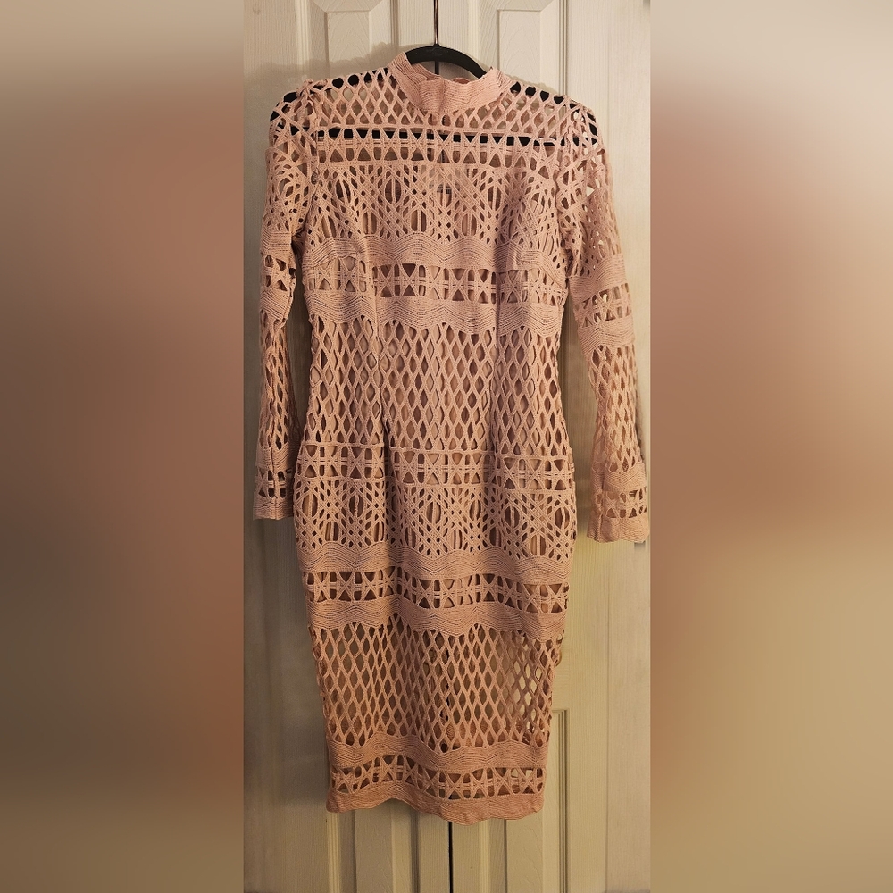 Missguided Blush High Neck Long Sleeve Lace Dress